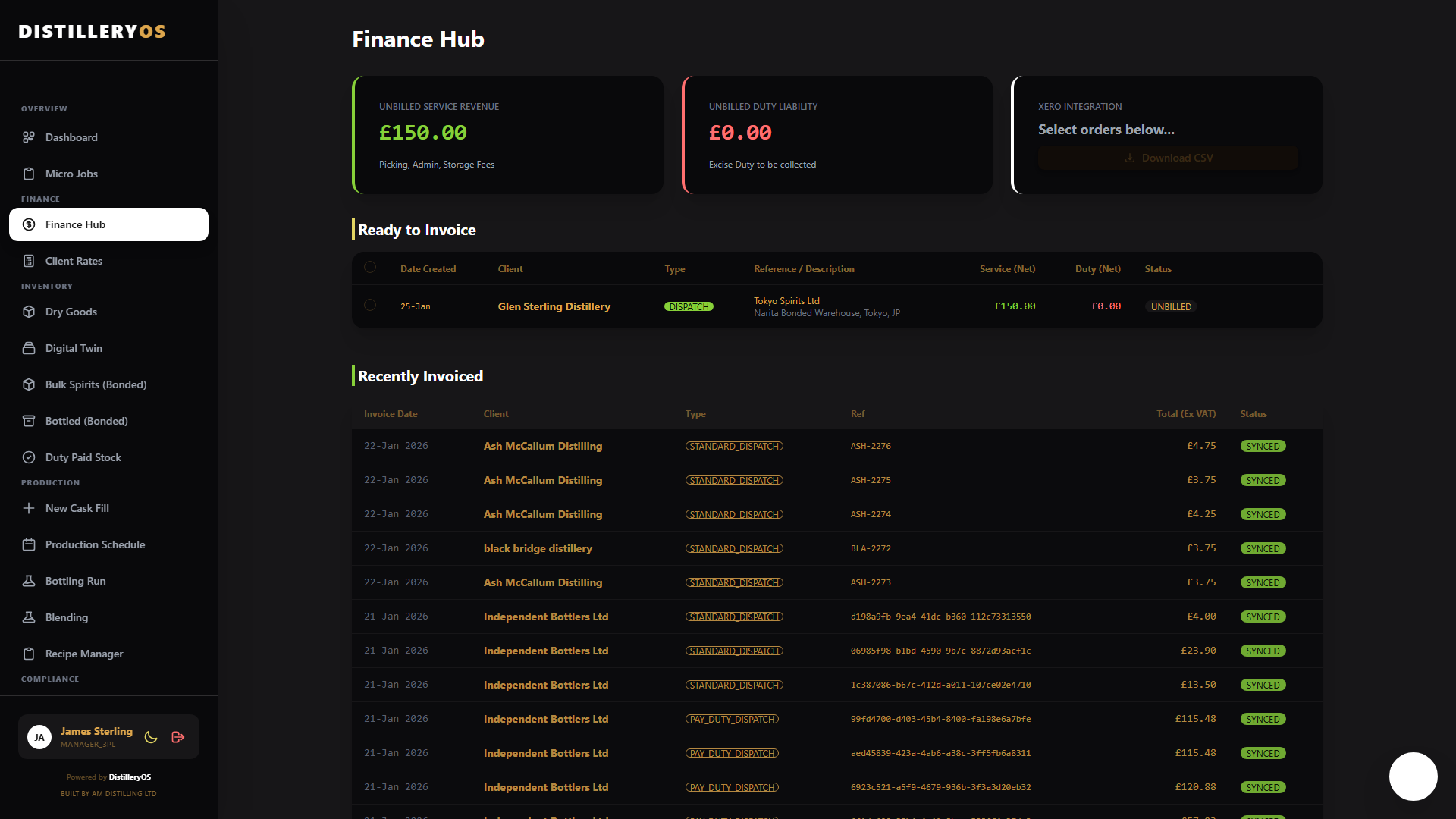 DistilleryOS Finance Hub: live duty liability, excise rates and bonded versus duty-paid stock ledgers.