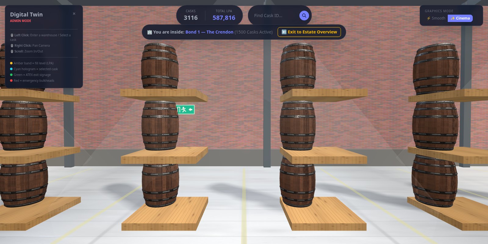 Inside Bond 1 The Crendon in the DistilleryOS Digital Twin: oak casks rendered on pallet stacks at their recorded positions, with the live cask count and LPA in the header.